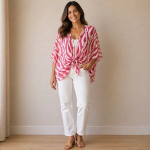 Sweet Pea by Stacy Frati Pink White Ikat Kimono Front‎ Tie Top Small